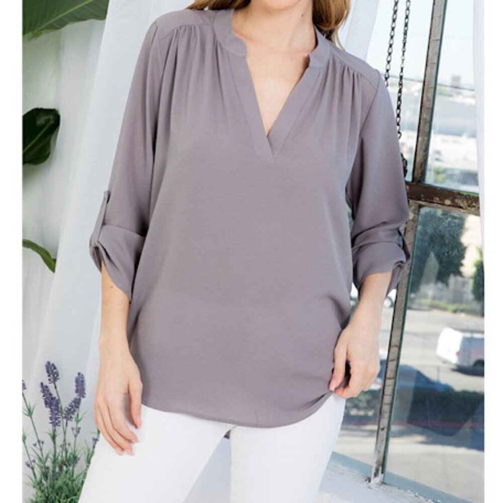 NEW Grey Quarter Tab Sleeve  Solid Woven V Neck Blouse